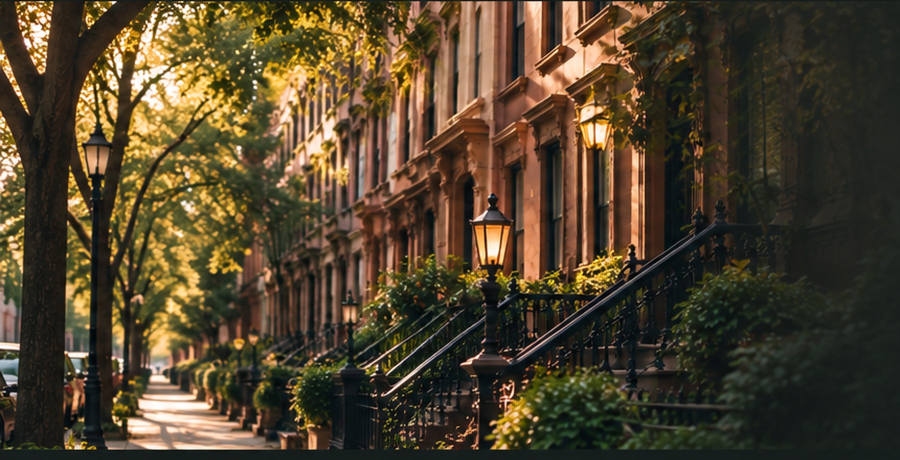 Sunlit Brooklyn brownstones and tree-lined sidewalk